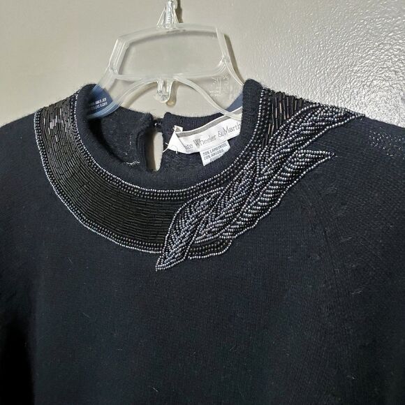 White Wheeler & Martha Sweater Size Medium Black Lambswool Angora Embellished - Picture 3 of 12